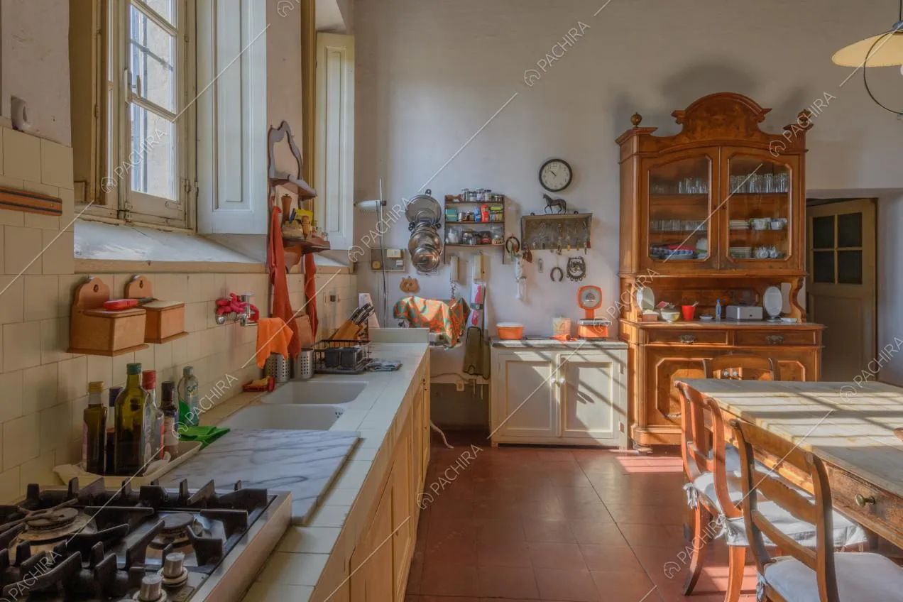 Fornelli a gas nella grande cucina bianca a parete e pavimento in piastrelle rosse