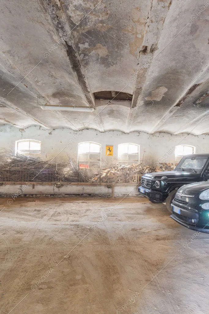 Grande e luminoso garage con soffitto grigio