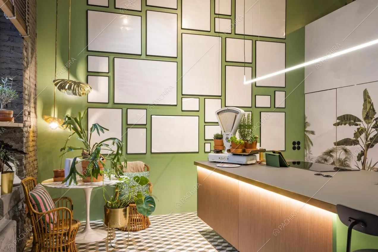 Parete verde vicino al tavolino tondo di design e sedia in vimini