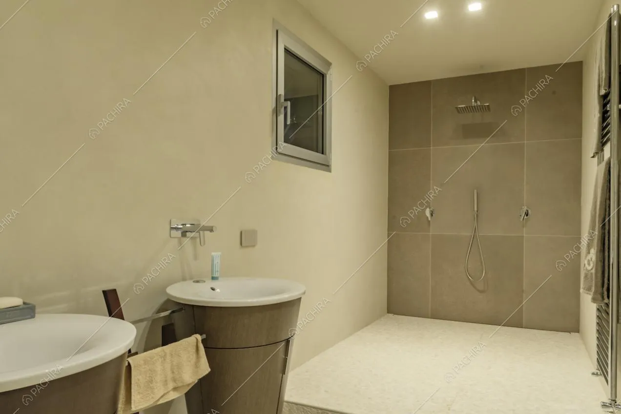 Bagno del seminterrato con lavabo di design e ampia doccia 