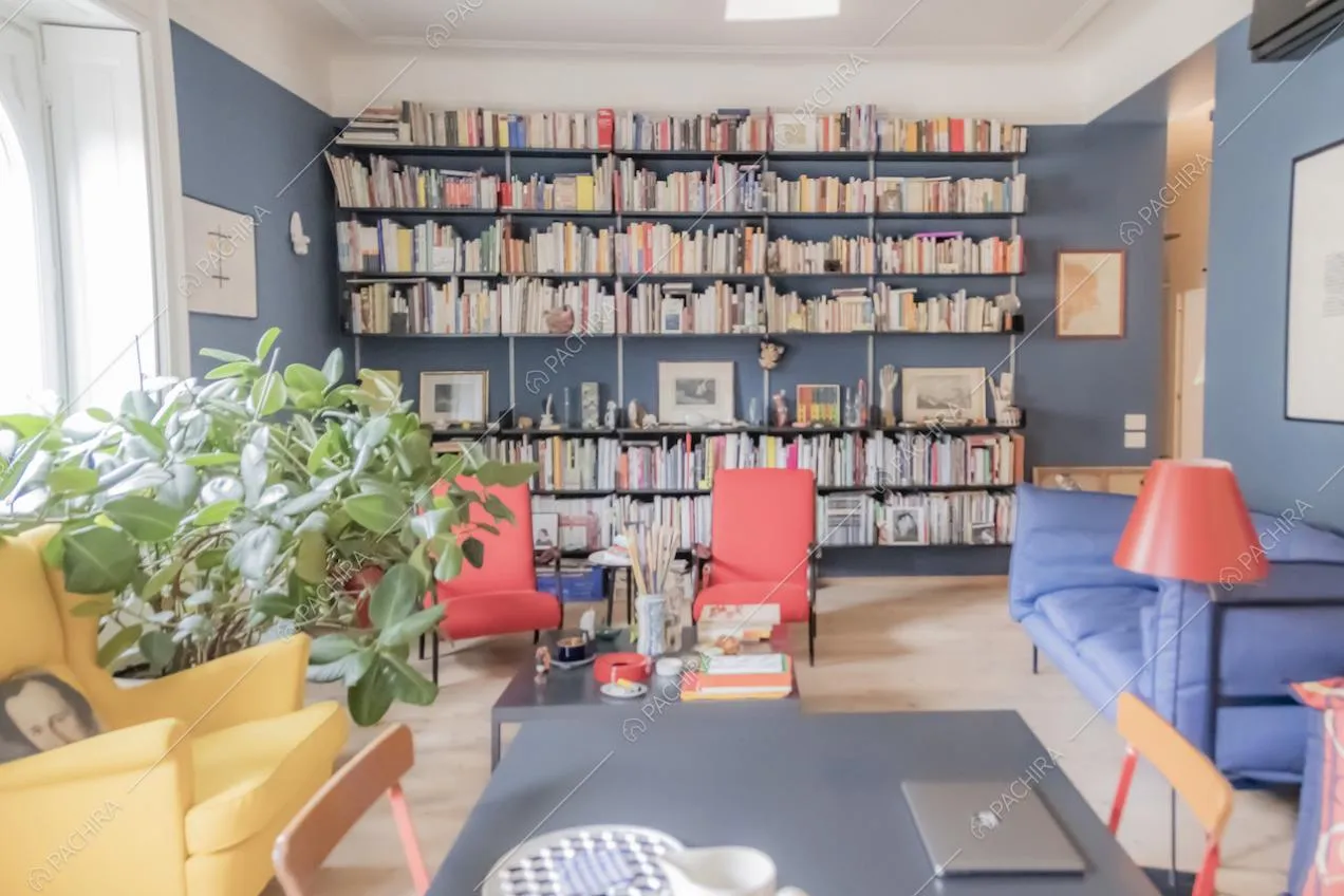 Grande libreria piena di libri contro parete color blu