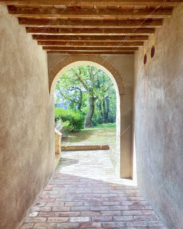 Travi a vista sul soffitto, pavimento in cotto e vista sul giardino