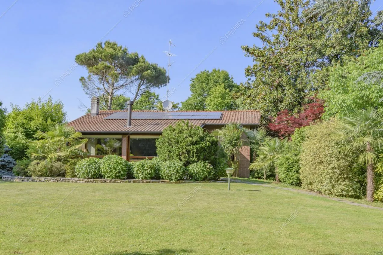 Pannelli solari sul tetto della villa e piante nel giardino
