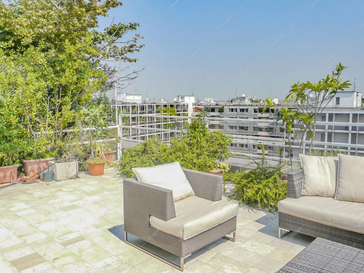 Poltrona, piante e scorcio sul divano in terrazza
