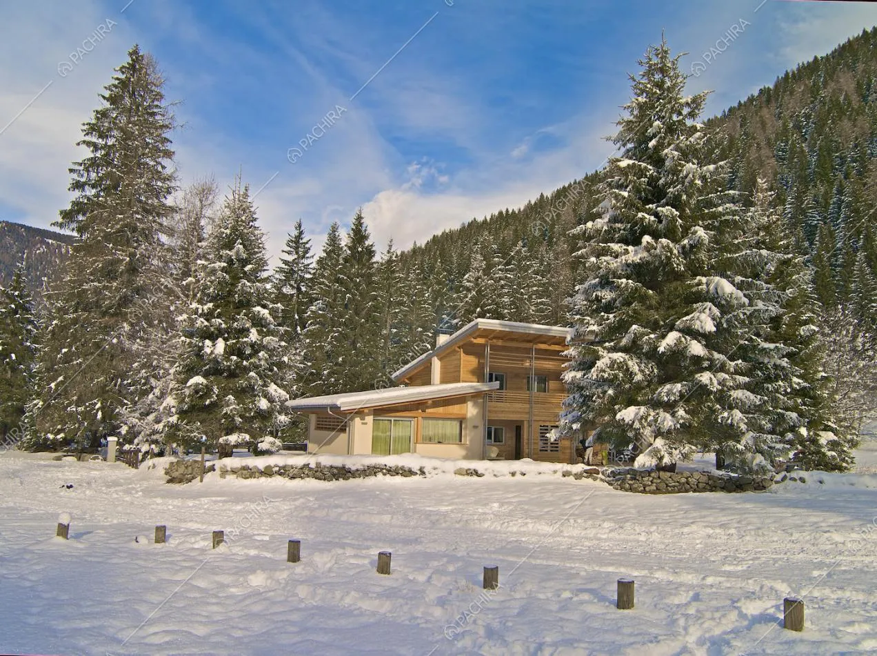 Vista sullo chalet circondato da alberi sempreverdi dagli esterni innevati