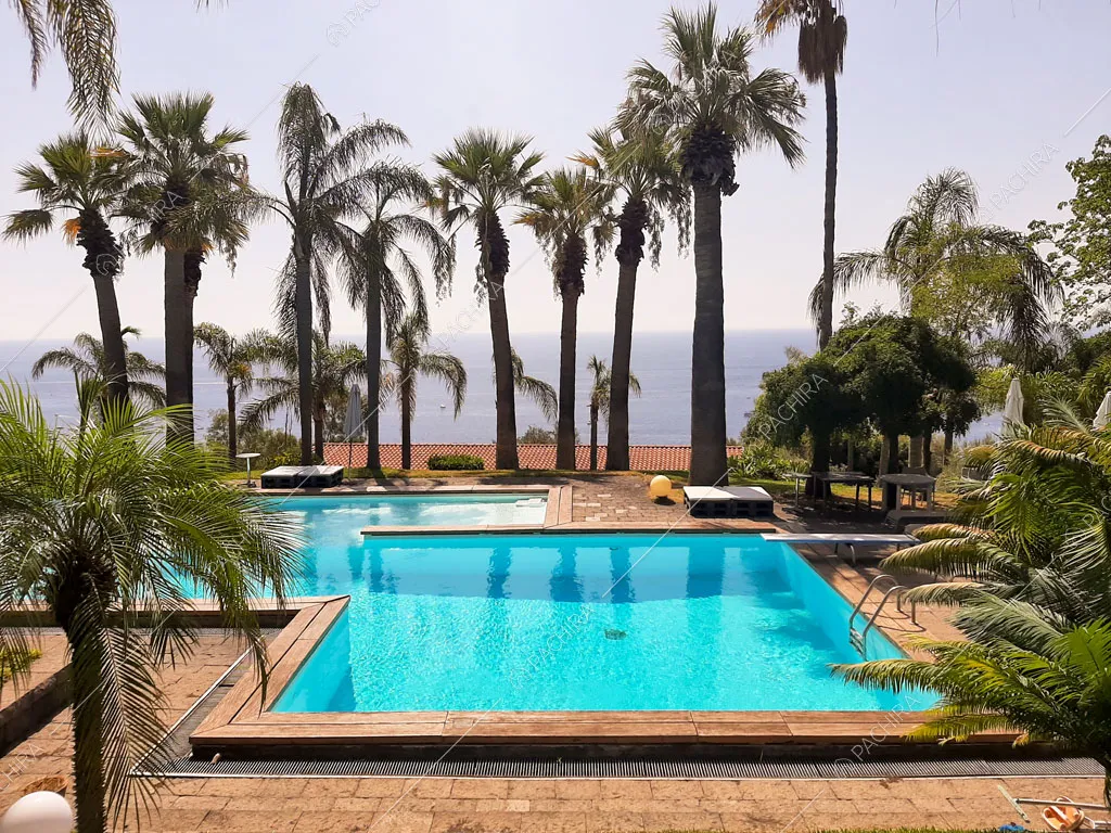 Nel giardino, grande piscina con pavimentazione in mattonelle, palme e vista sul mare