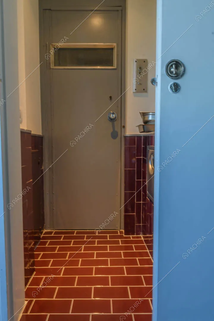 Porta d'ingresso grigia e pavimento in piastrelle rosse dell'atrio