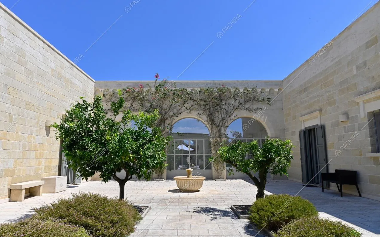Nel cortile, siepi, fontana e vista sulle ampie porte-finestre