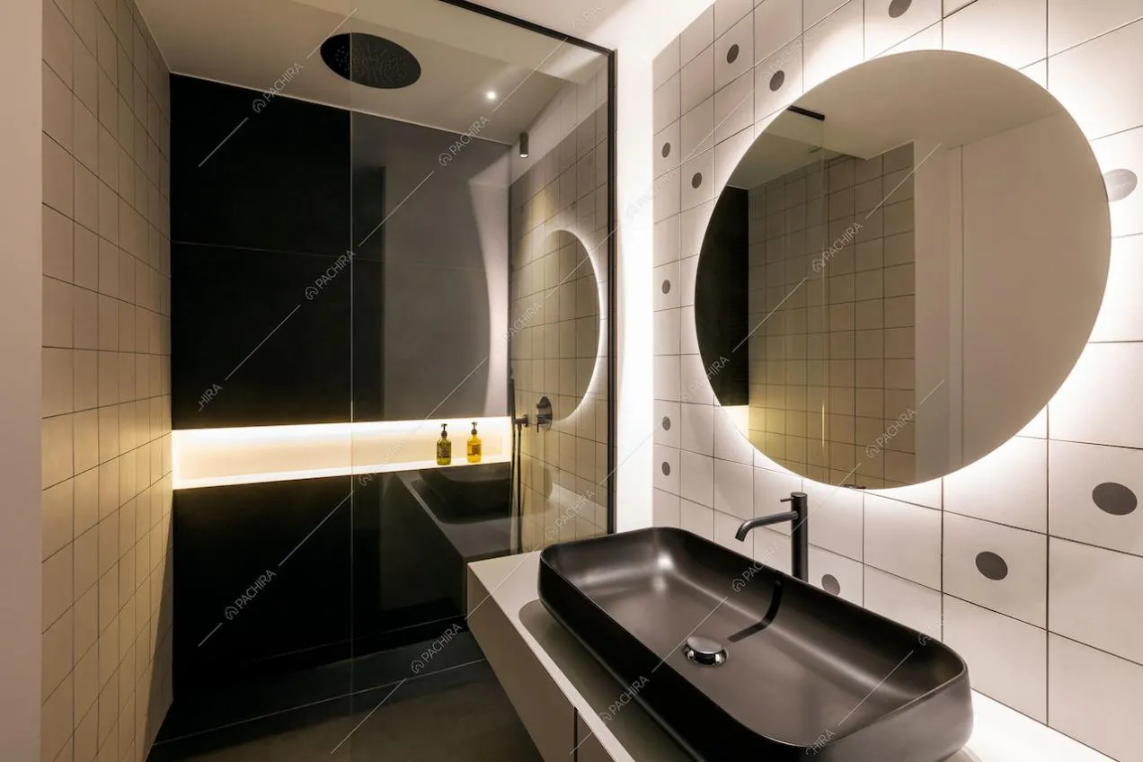 Bagno con ampio box doccia con pareti in piastrelle bianche e specchio con illuminazione dal retro