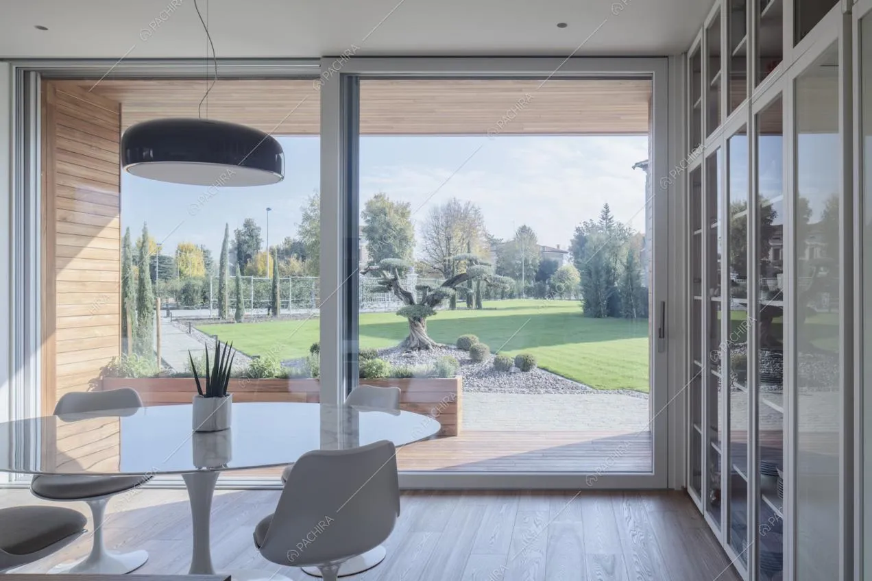 Tavolo con piano rotondo in marmo nella cucina con credenza in vetro, lampadario di design e porte-finestre scorrevoli