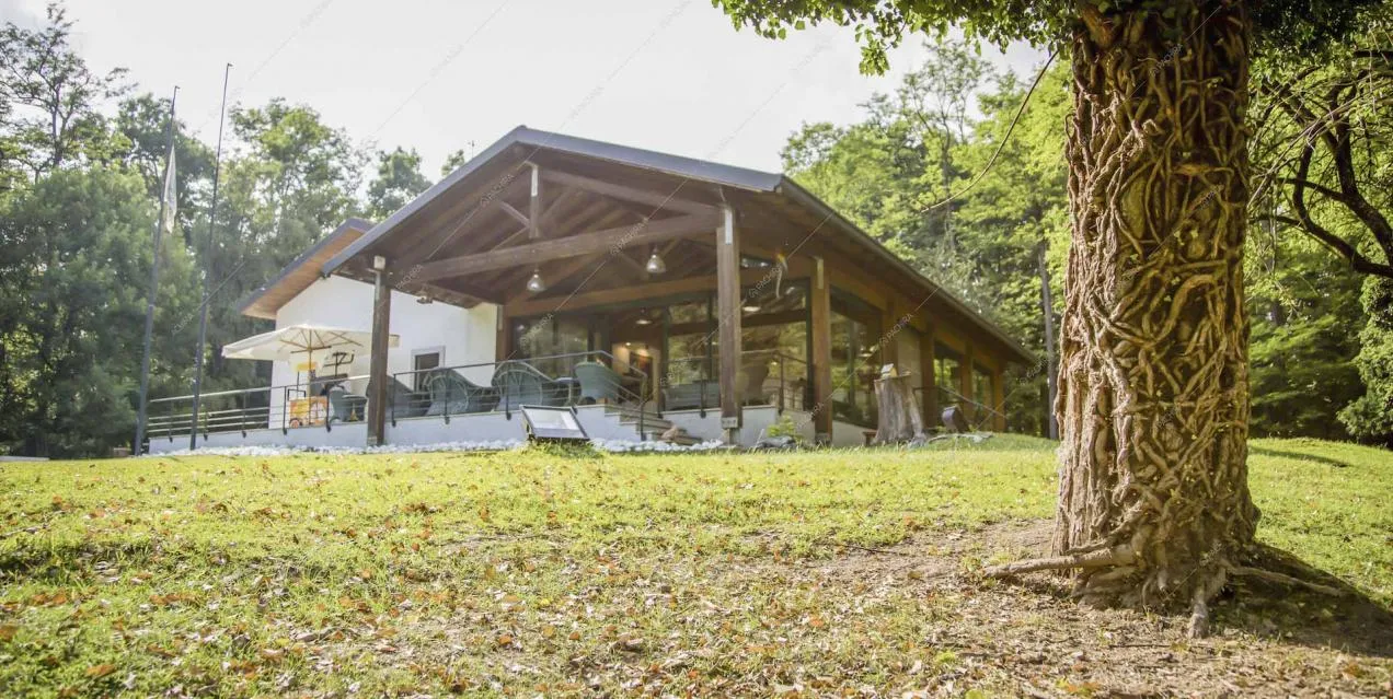 Dall'ampio giardino vista sull'ingresso dello chalet con terrazza e patio