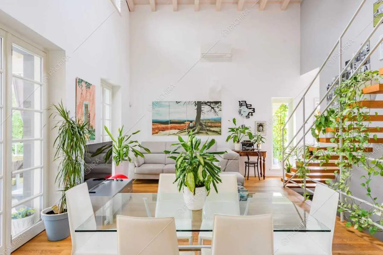 Luminosa zona living con pavimento in parquet, pareti bianche e parete grigia
