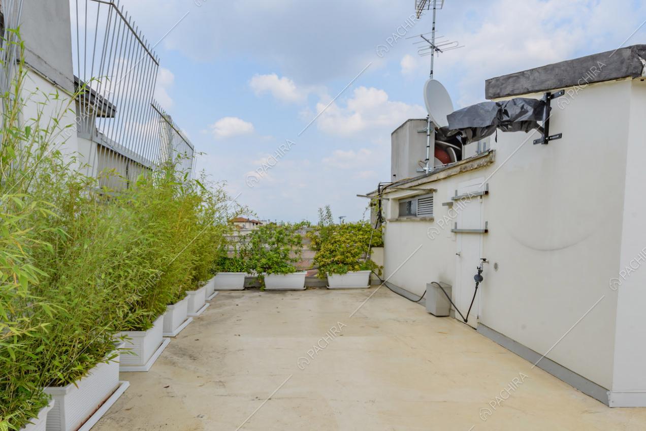 Pavimentazione bianca della grande terrazza con piante