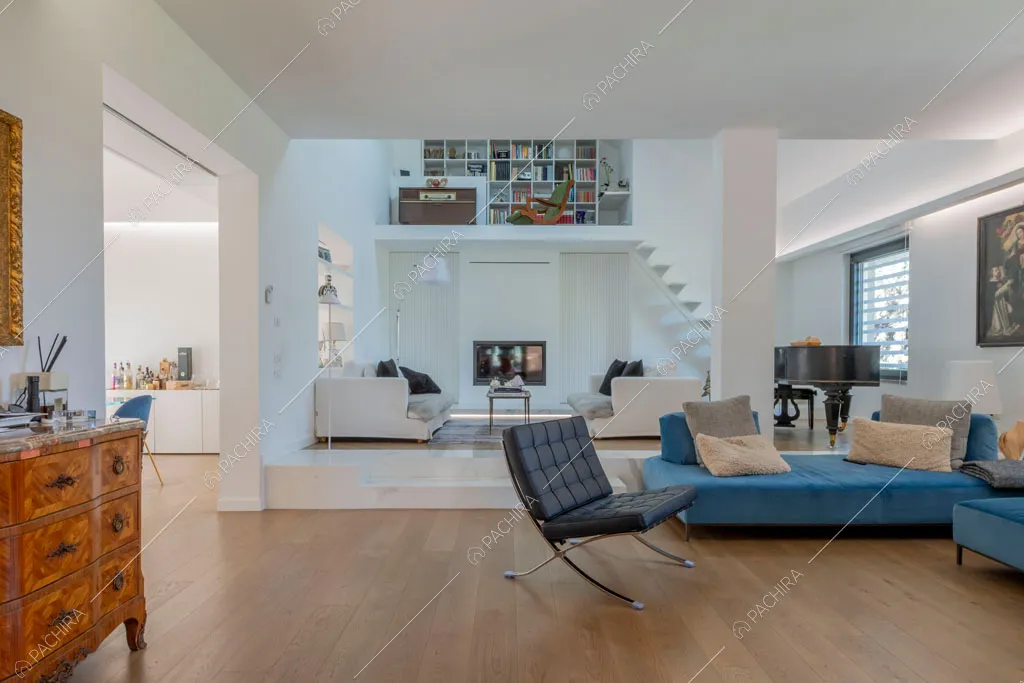 Zona living della villa Orinoco, location in stile contemporaneo a Roma