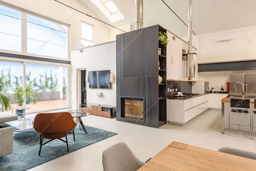 Camino nella zona living del loft Genepi, location in stile contemporaneo a Milano