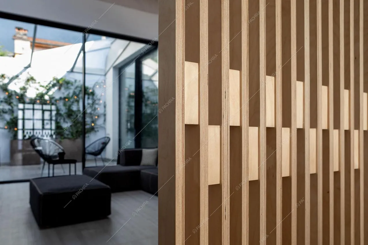 Particolare parete scorrevole in legno con vista sul divano nero e sul giardino d'inverno
