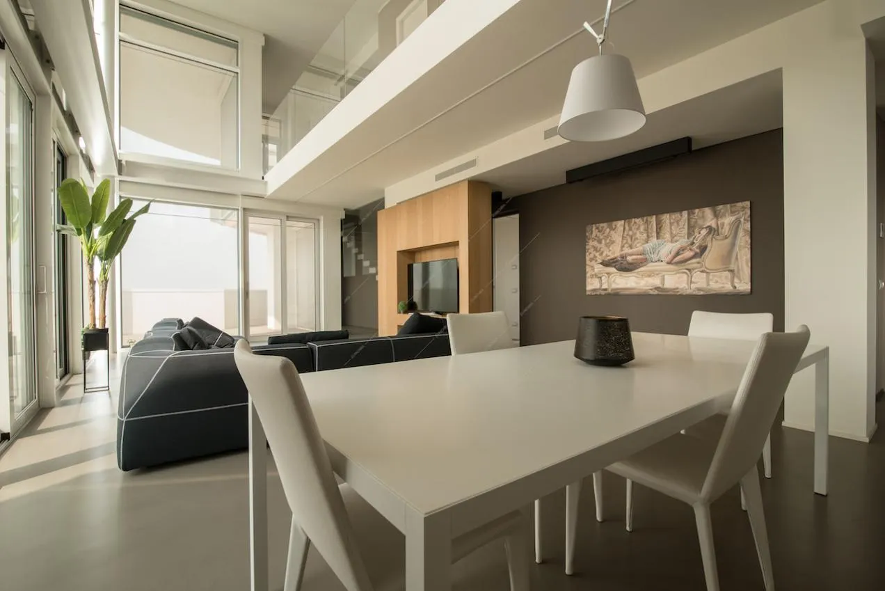 Open space con tavolo da pranzo, divano e quadro