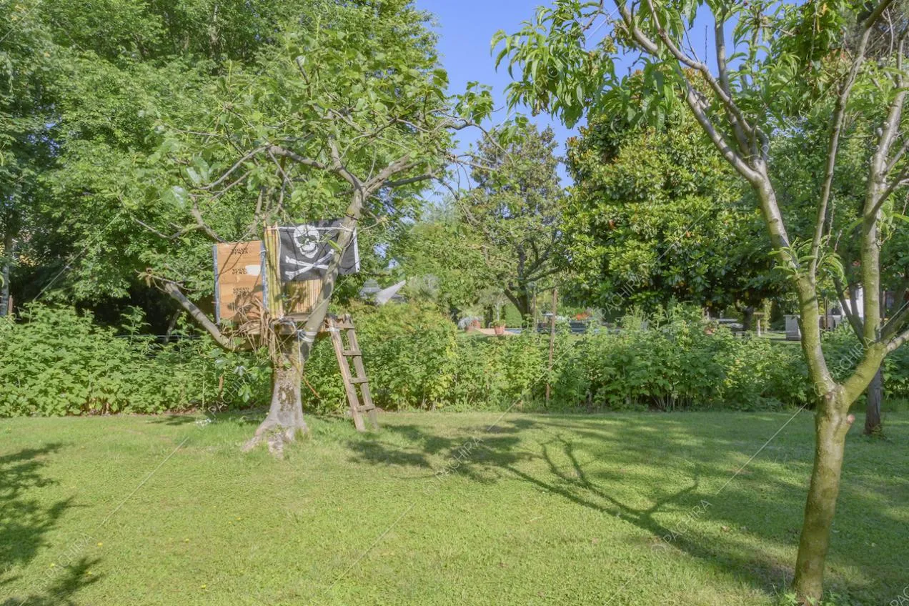 Casa sull'albero con scaletta e bandiera dei pirati