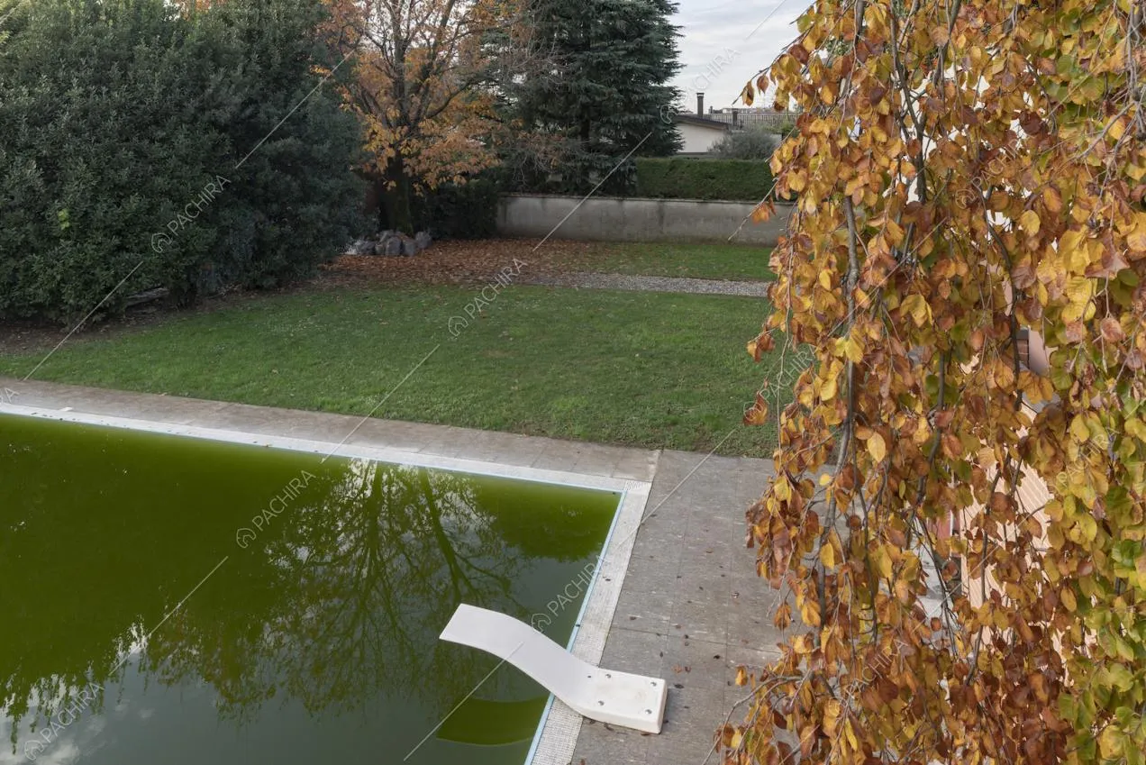 Trampolino bianco di design su un lato della piscina