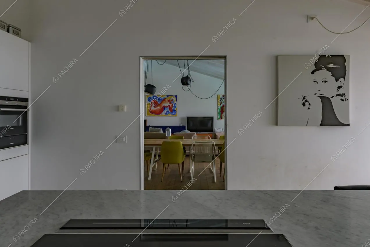 Dai fornelli a induzione sull'isola della cucina, dalle pareti bianche, vista sul tavolo da pranzo
