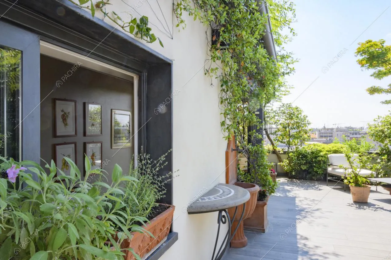 Angolo della terrazza con piante e vista panoramica