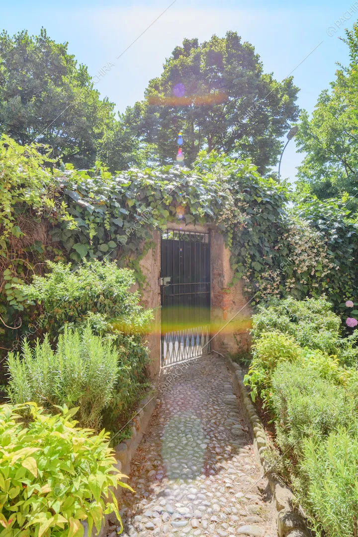 Vialetto con siepi e vista sul cancello