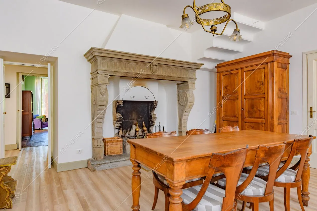 Tavolo da pranzo in legno nella sala con camino e pavimento in parquet