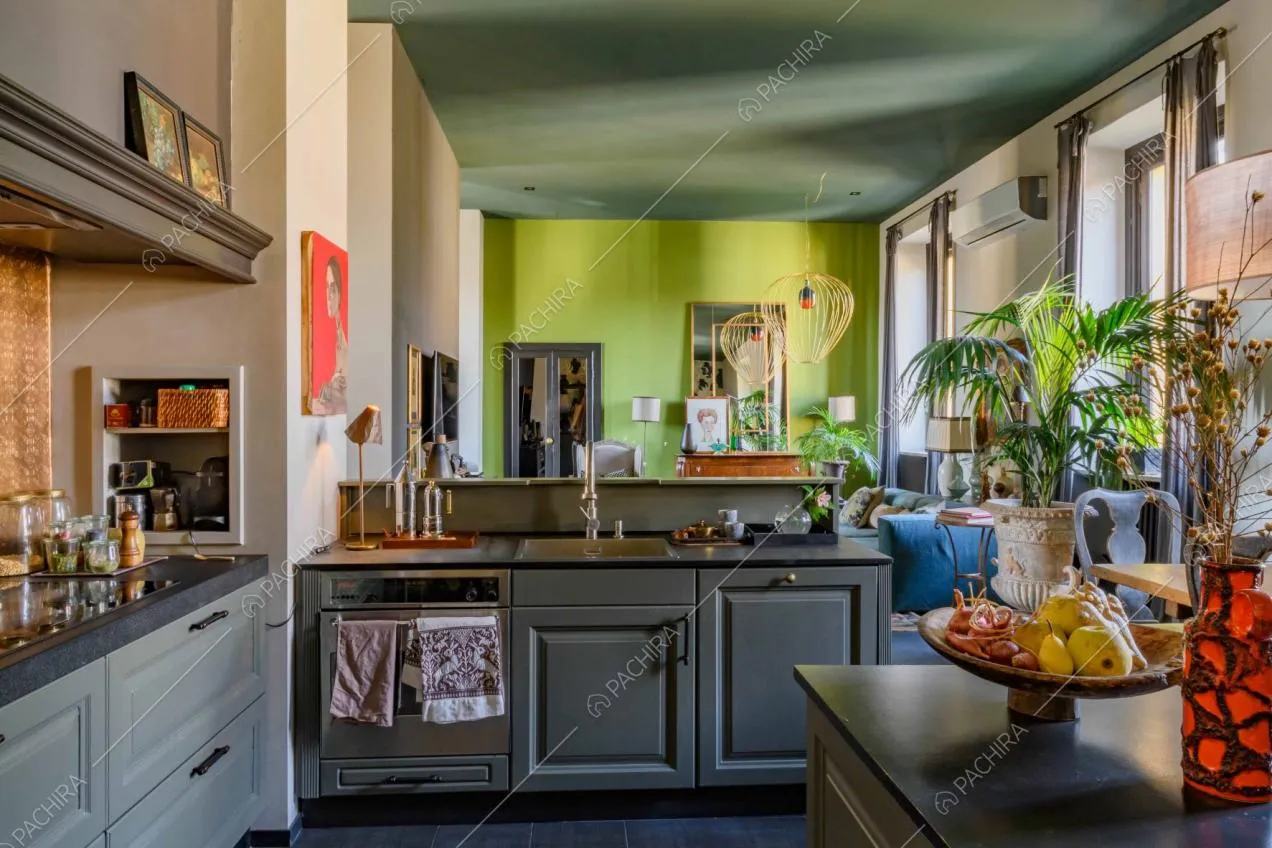 Cucina con fornelli a induzione e vista sulla sala con parete color verde acido