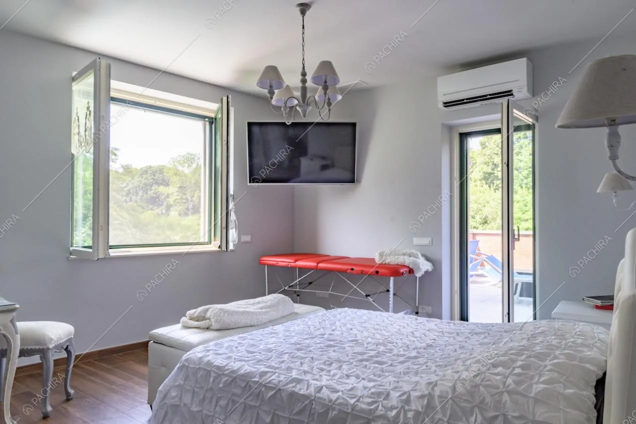 Camera da letto con pavimento in parquet, pareti grigie, televisione e porta-finestra