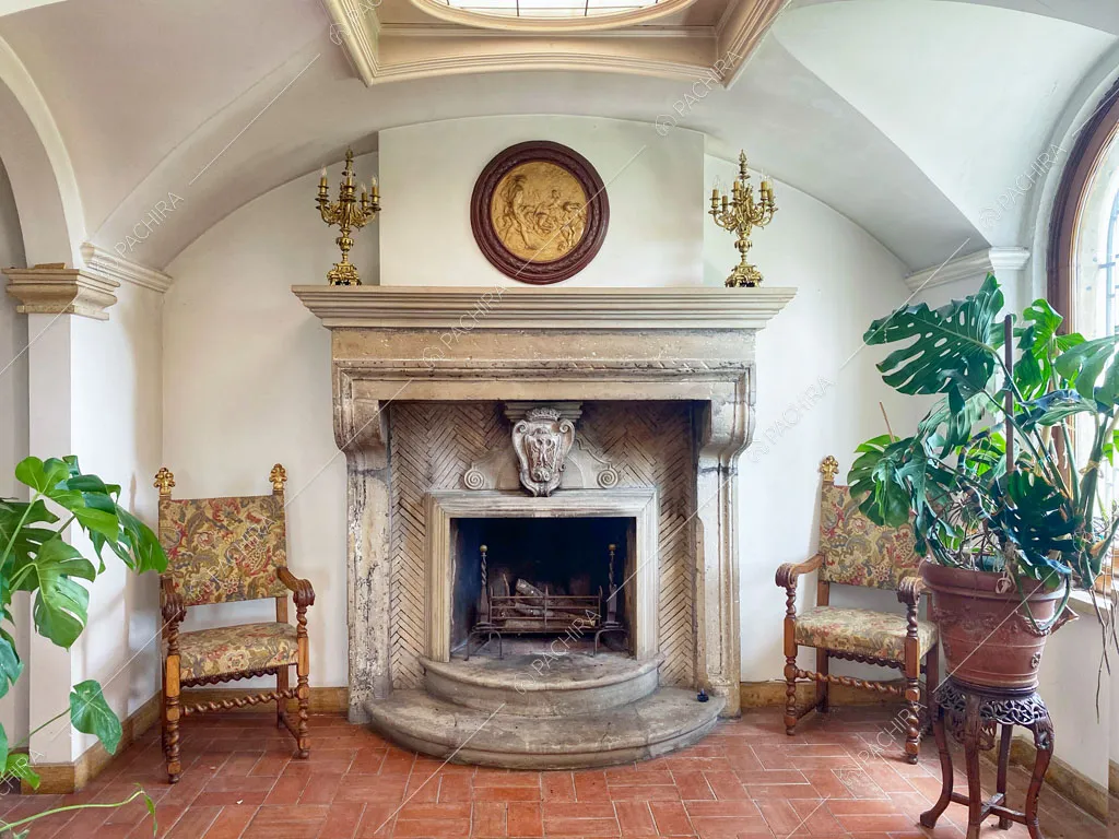 Camino in marmo con decorazioni nella sala con soffitto e pareti bianche e vetrate