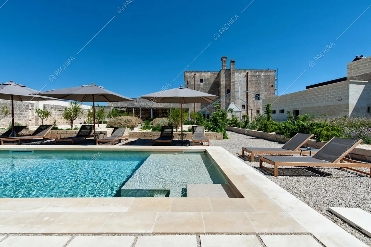 Angolo dell'ampio cortile privato con piscina e lettini