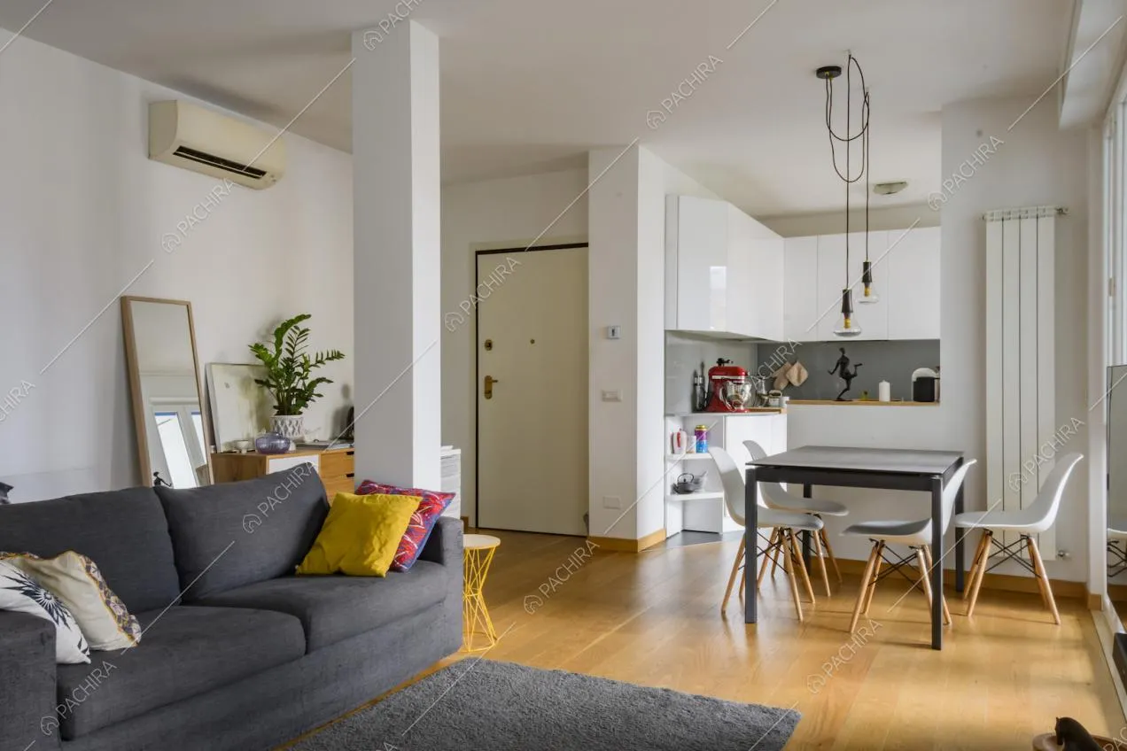 Ingresso, salotto con divano, cucina a vista e tavolo da pranzo