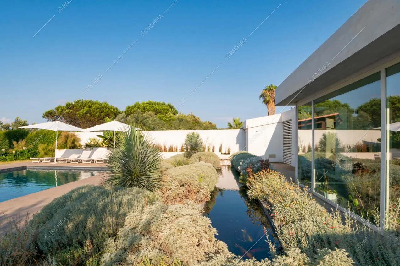 Giardino con cespugli, mura bianche della villa e vetrate