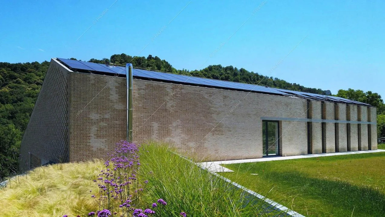 Dal curato giardino vista sugli esterni della location e sul tetto con pannelli solari