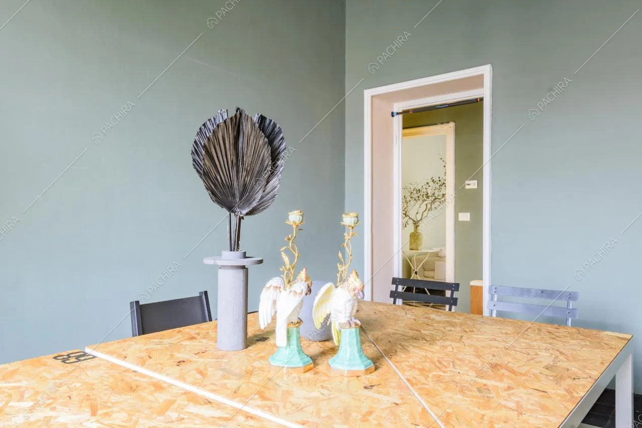 Tavoli quadrati, vasi con fiori decorativi e pareti colorate