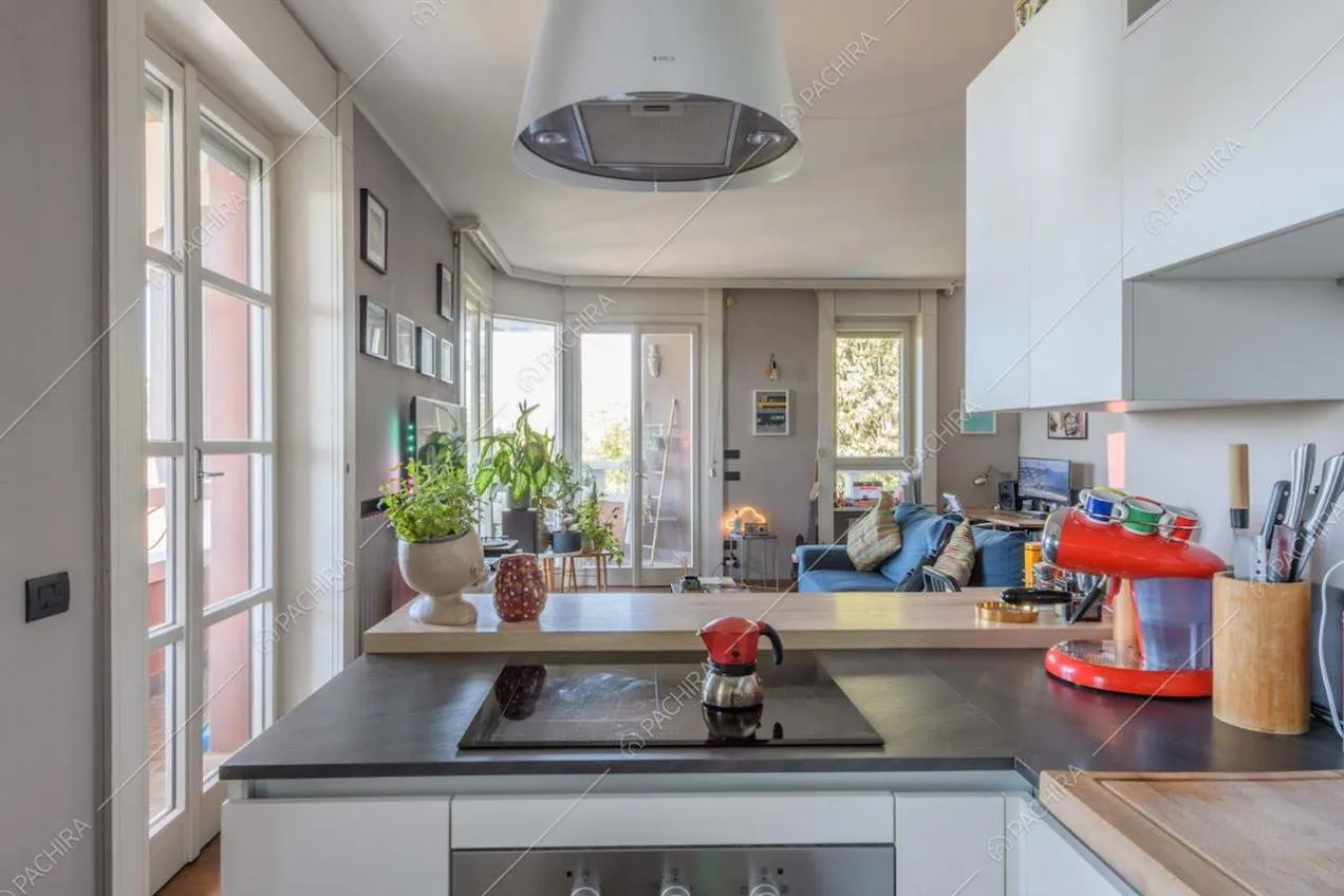Fornelli a induzione nella cucina con vista sulla zona living e sulle vetrate