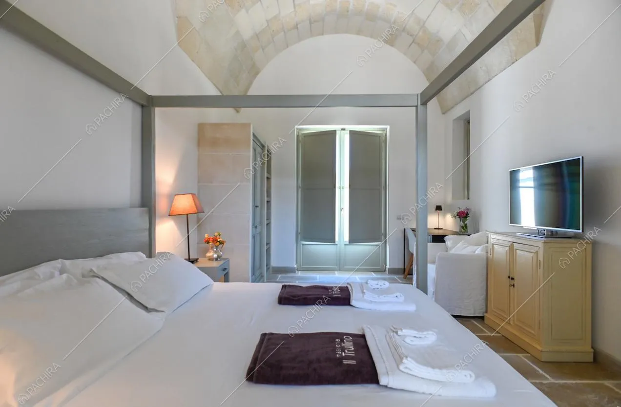 Ampia camera matrimoniale con letto a baldacchino, pareti bianche e volta a botte in pietra