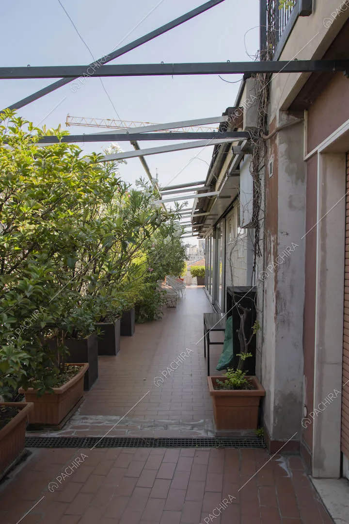 Grande terrazza con piante e vetrate
