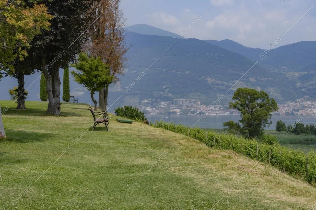 Panchina con vista panoramica su lago e montagne