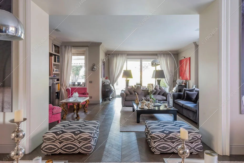 Zona living della villa Espero, location in stile contemporaneo a Roma