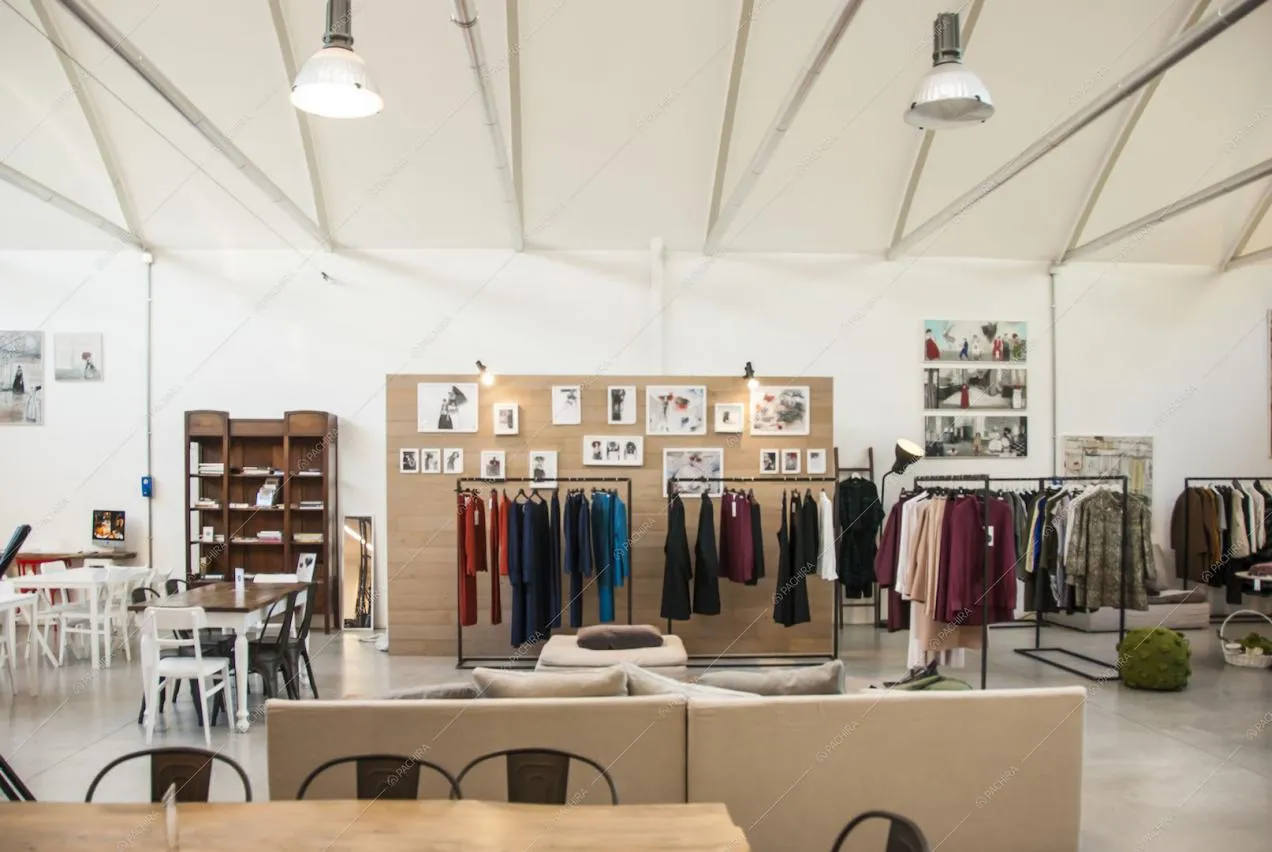 Zona abbigliamento e altri tavoli bianchi