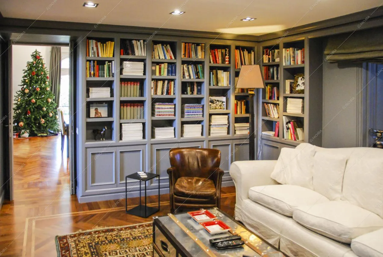 Libreria, poltrona in pelle e divano bianco