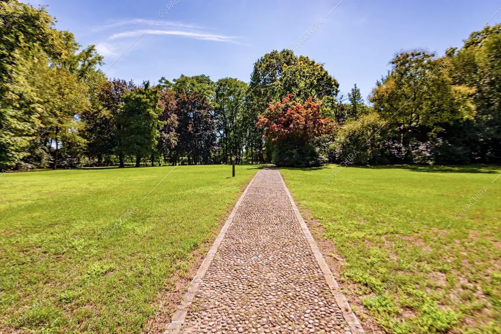 Grande parco con alberi e vialetto con pavimentazione in ciottolato