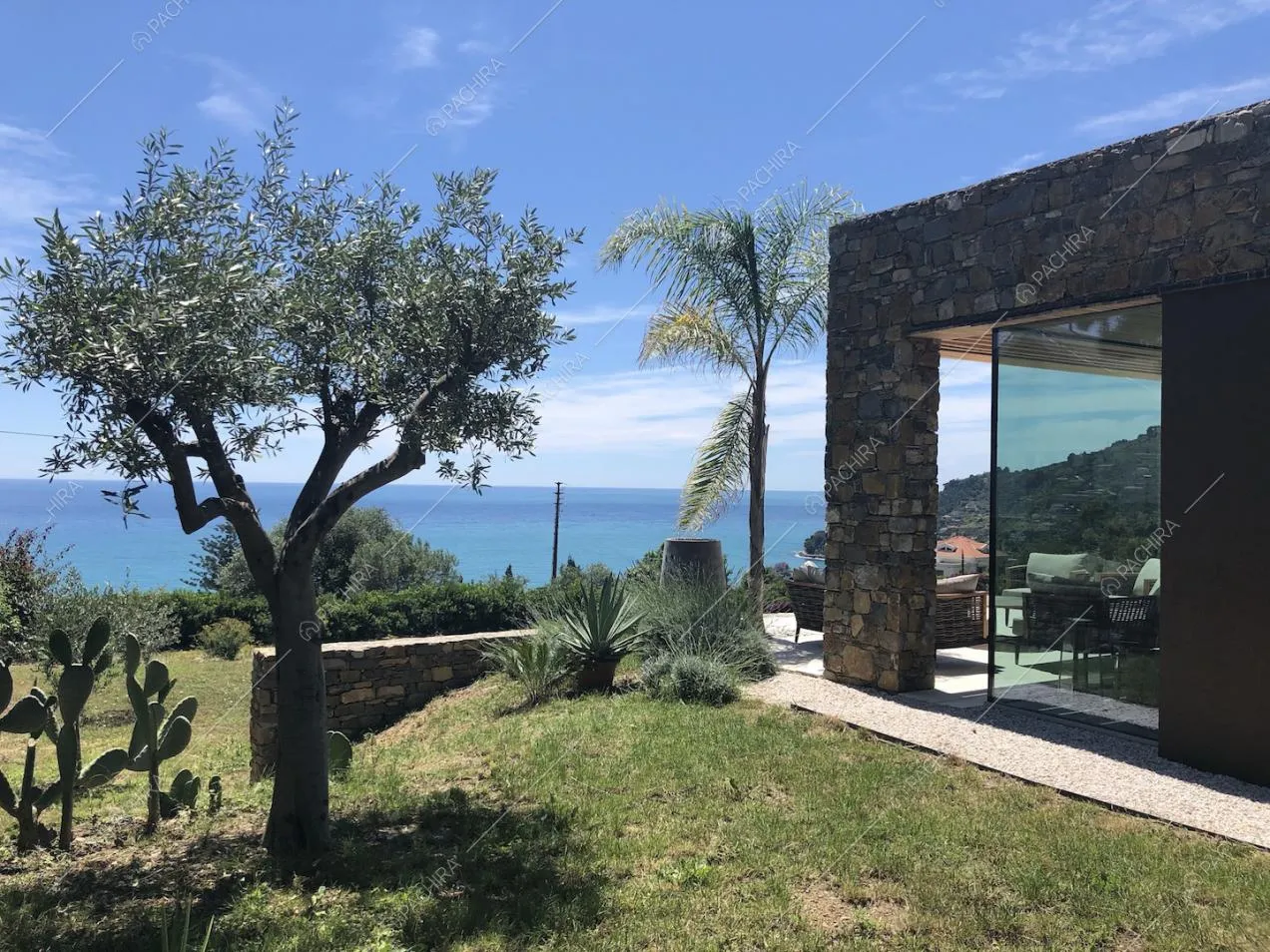 Giardino privato della location con ulivo, palme e cactus, vista sul mare e sugli interni, grazie alle vetrate
