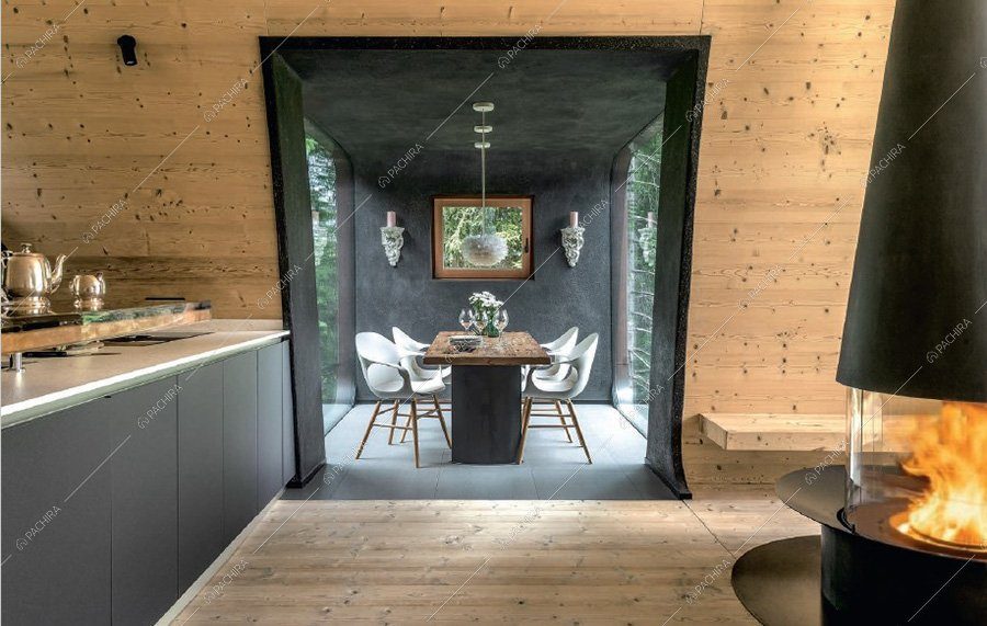 Zona living dello chalet Buran, location contemporanea per shooting a Bolzano