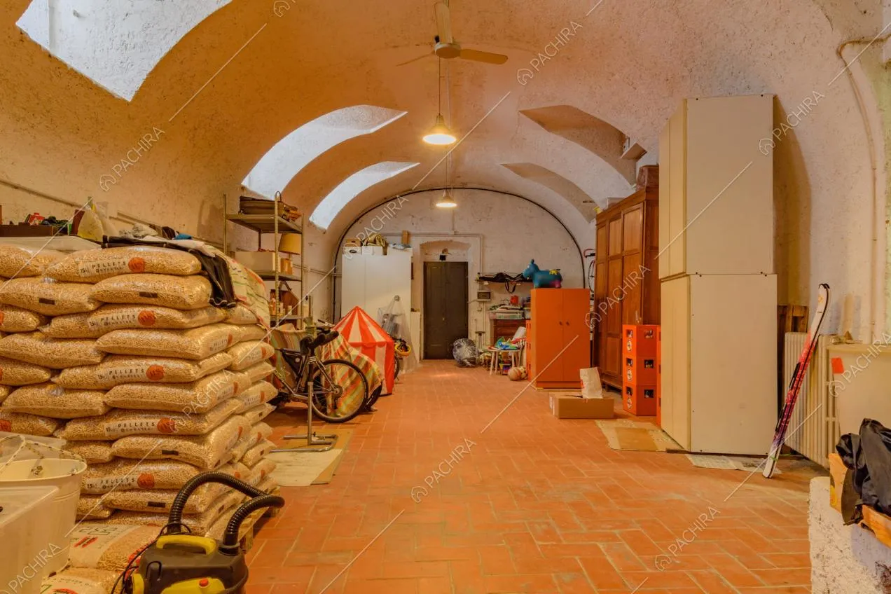 Soffitto a volta con lucernari nella cantina con pareti bianche