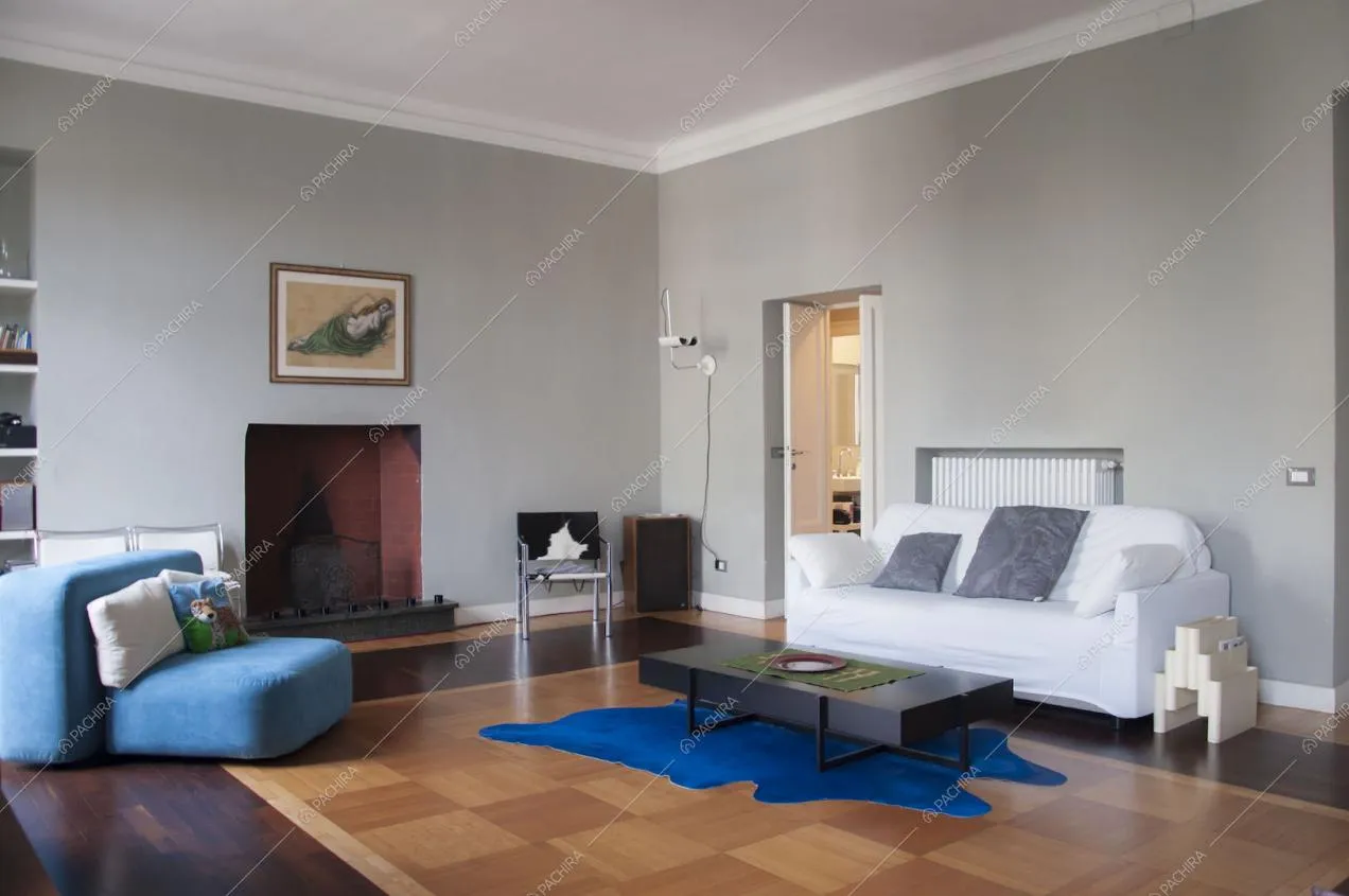 Divano bianco e divano azzurro, tavolino nero di design