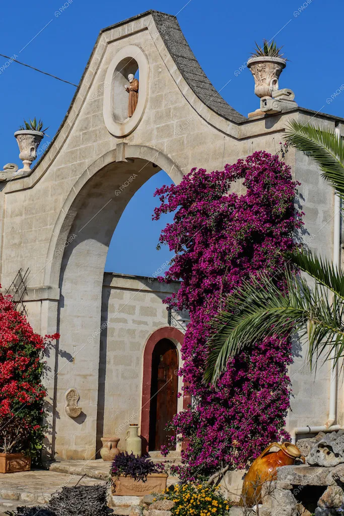 Ingresso ad arco con struttura in pietra e rampicanti