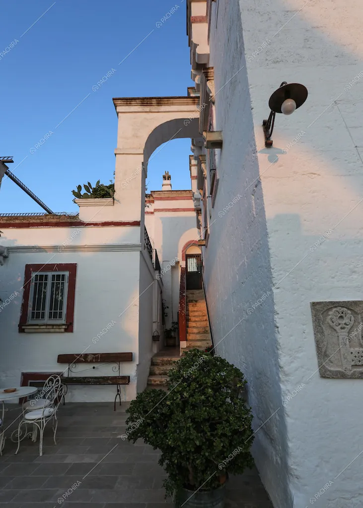 Esterni della villa, cespuglio, scorcio su scale e tavolo e sedie da esterno