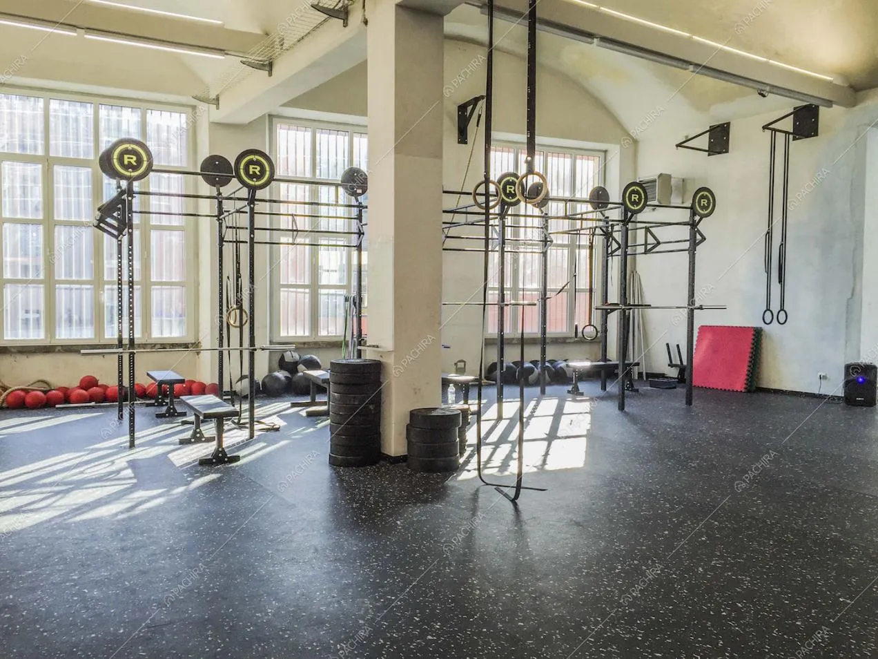 Soffitti alti a volta, anelli, pesi, struttura da crossfit